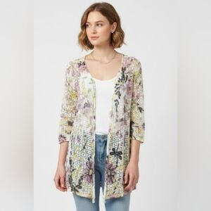 Nouveaux Cardigan Purple Green Floral Sheer Knit Lace Open Boho M